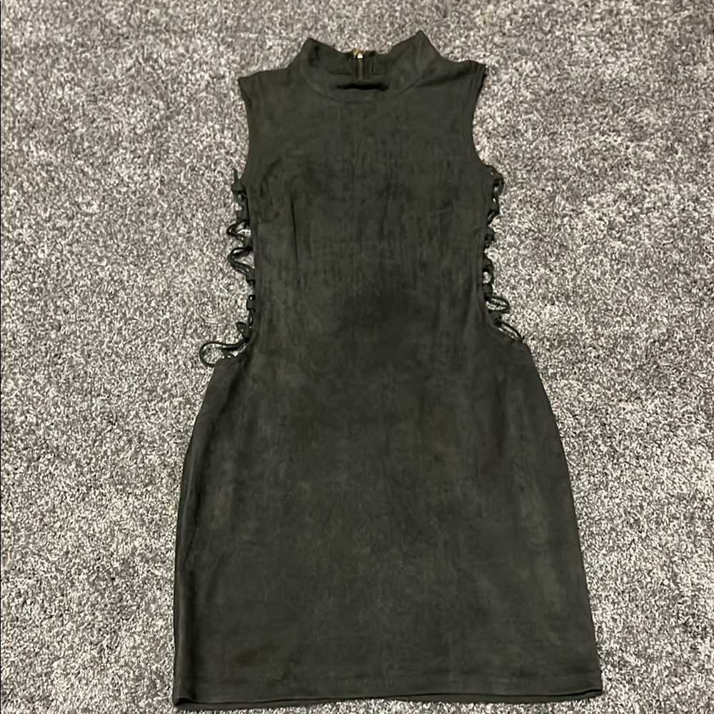 Olive green mini dress with cut-out detailing along the sides size small